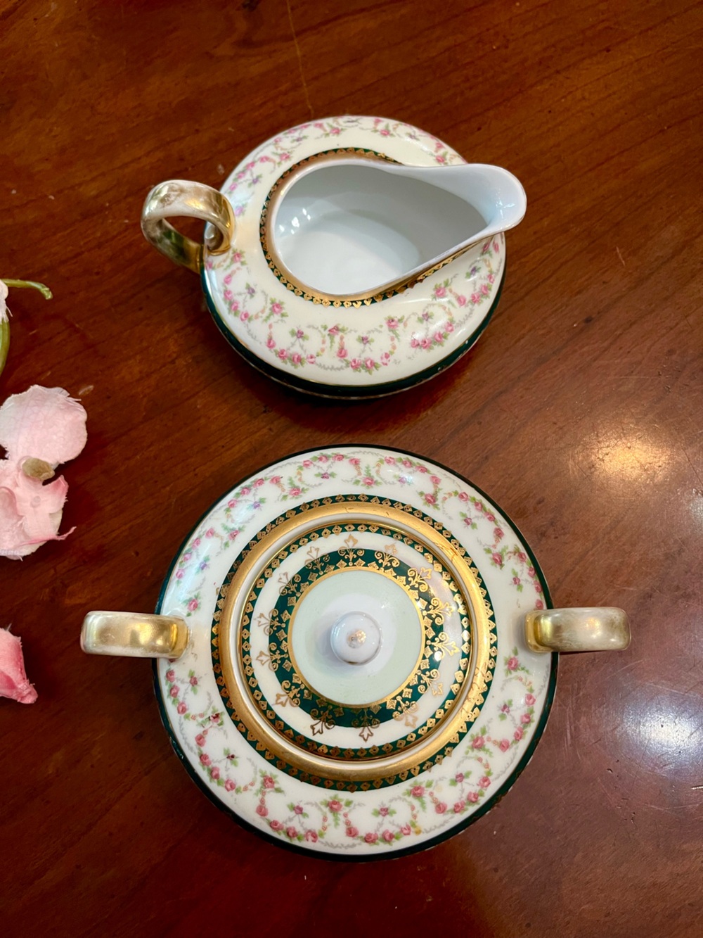 Antique H&Co Bavaria Low-Slung Lidded Sugar/Creamer Pink Roses & Gold Filagree